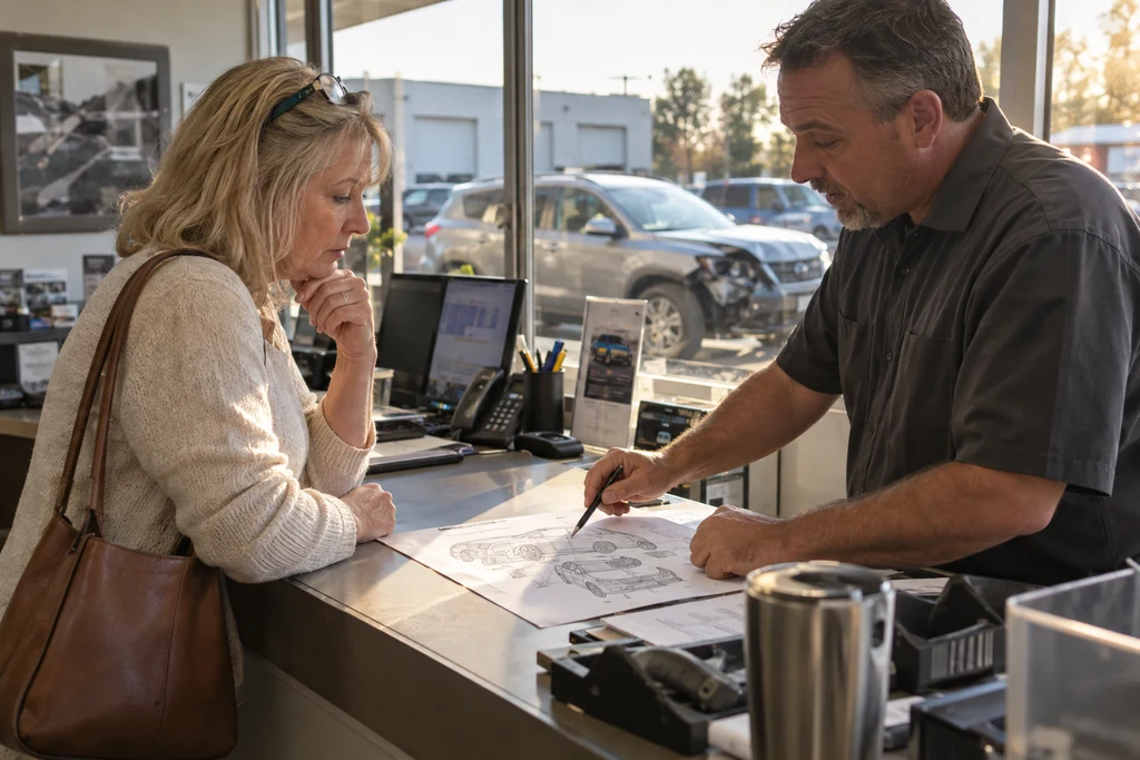 A customer asks an advisor about a repair diagram at the collision reception counter