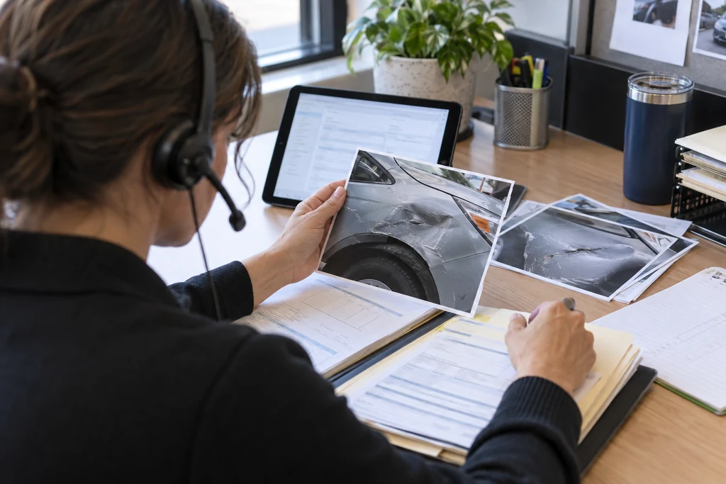 A collision coordinator reviews damage photographs and claim paperwork while on the phone