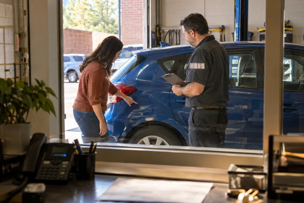 A customer points out vehicle damage while an estimator records the details