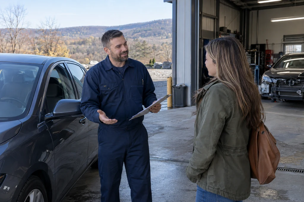 An advisor welcomes a customer beside a vehicle at an estimating bay