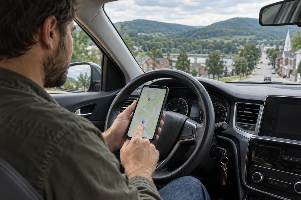 A parked driver compares two locations on a map before setting out