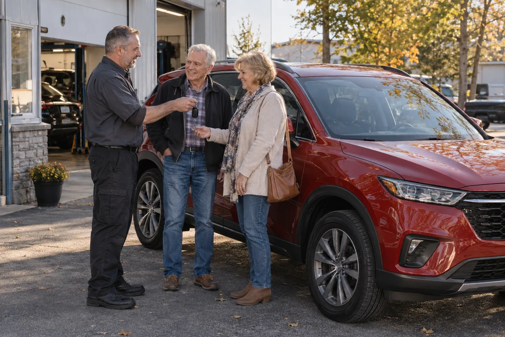 Customers collect their repaired vehicle and keys from a service advisor