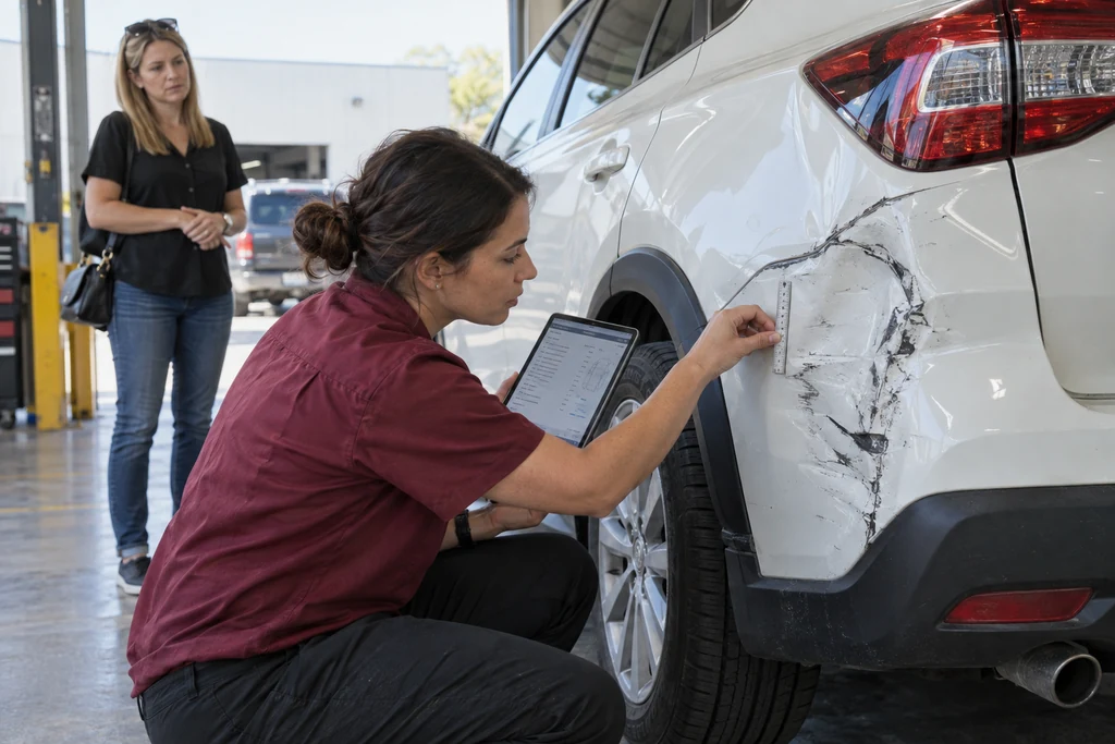 An estimator measures visible collision damage and documents it on a tablet