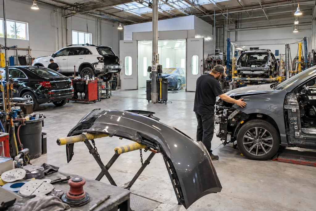 Body-panel repair, refinishing and structural repair bays in a working collision shop
