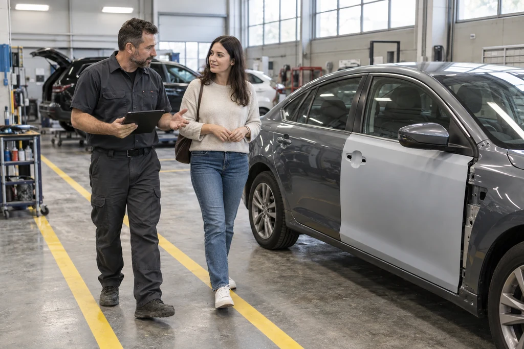 A repair coordinator walks a customer through the next stages beside a vehicle being repaired