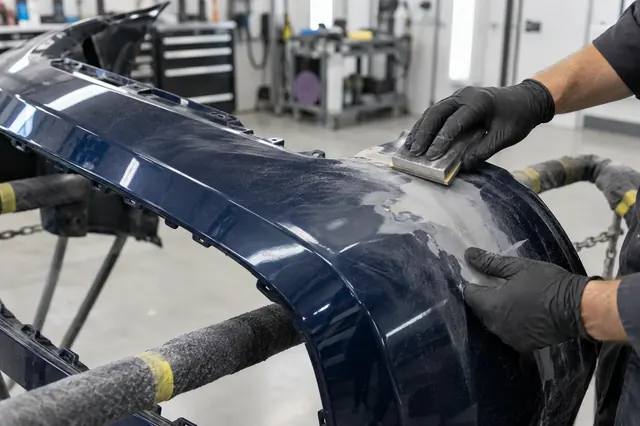 A detached bumper cover receiving careful surface repair