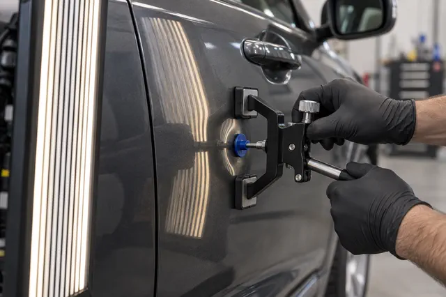 A bridge-style paintless dent repair lifter working under a professional reflection light