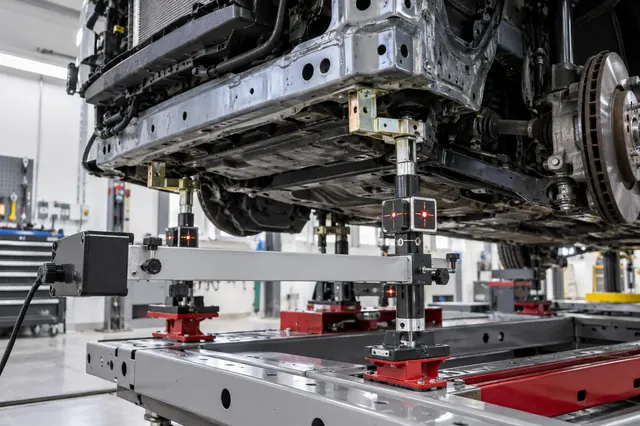 A vehicle receiving precise structural measurements in a collision repair shop