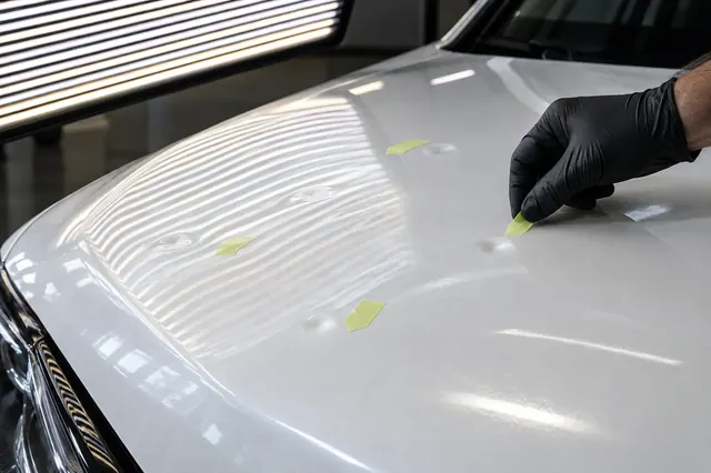 Hail dents marked on a vehicle hood under a professional reflection light